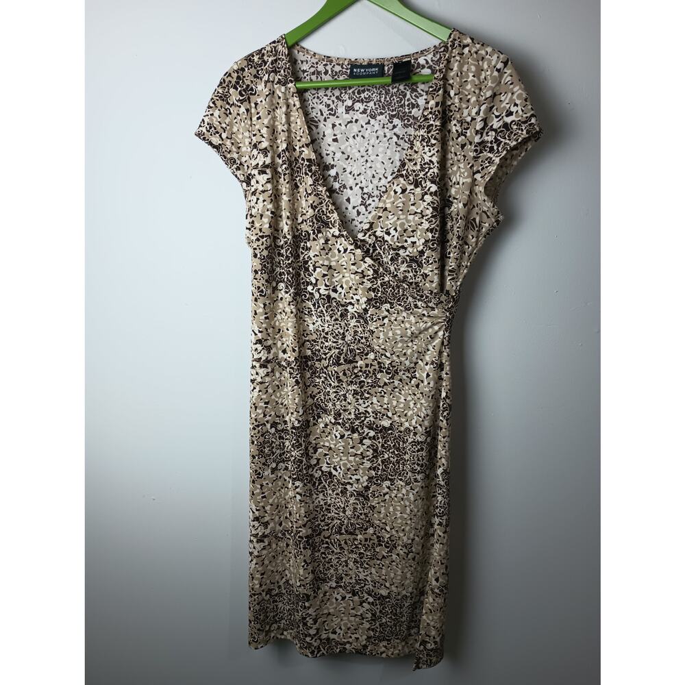 Vtg Y2k Faux Wrap Midi Dress Women's Large Short sleeve Neutral Spring